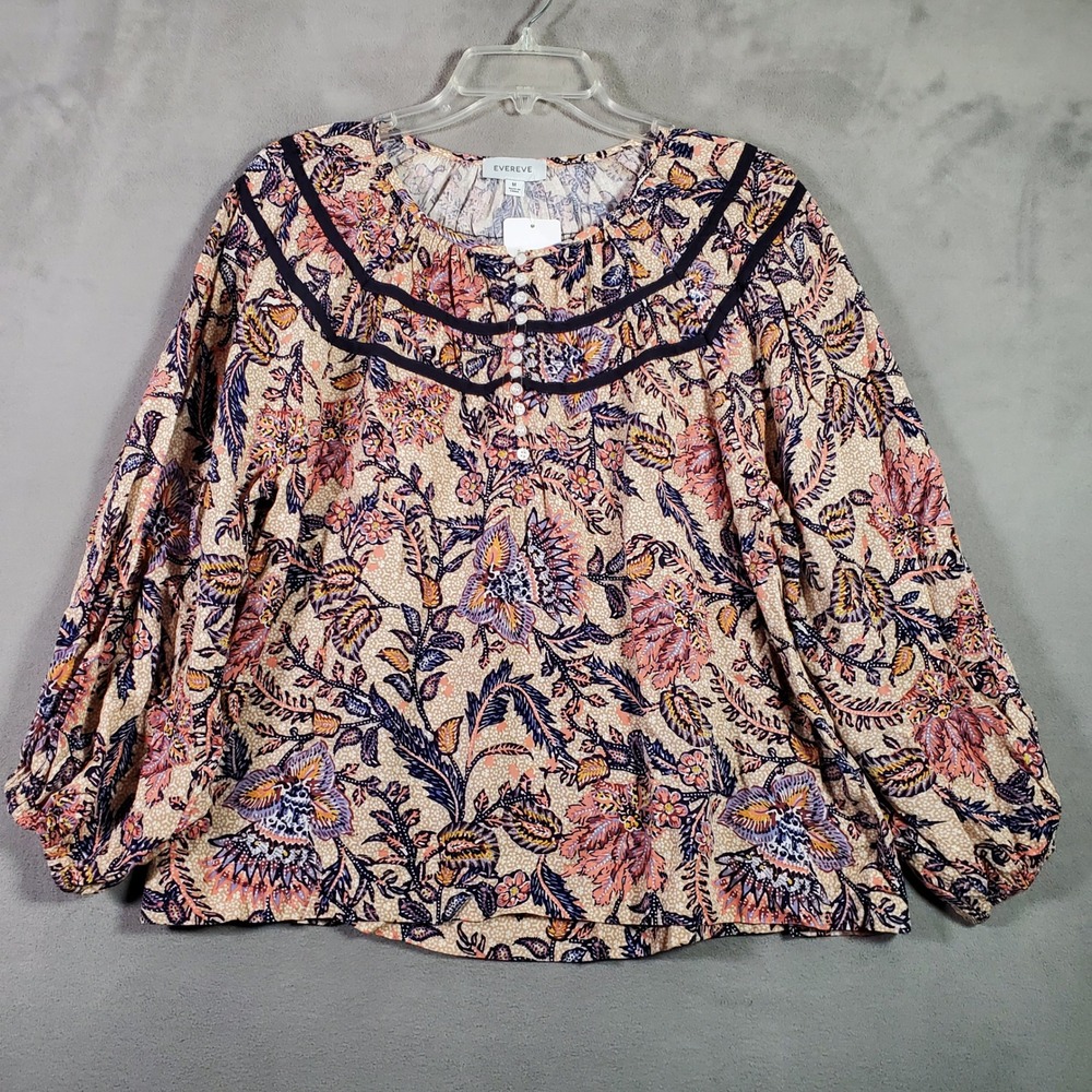 Evereve Oliver Blouse Women M Floral Balloon Sleeve Boho Cottagecore Peasant NEW